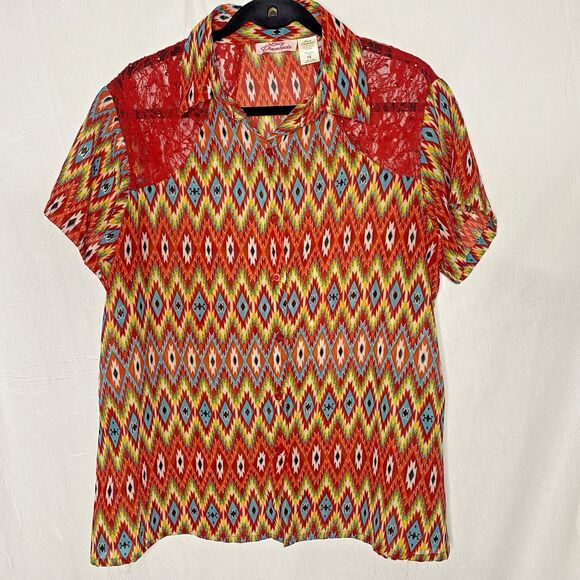 Lucy Diamonds Blouse Womens 1X Aztec Sheer Red Lace Shoulder Bright Multicolor - Picture 1 of 8